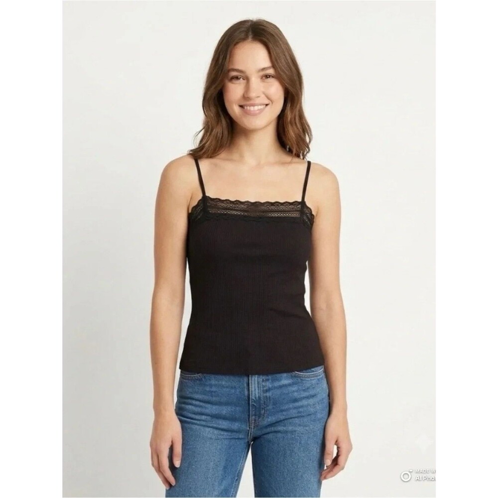 MADEWELL Lace-Trim Square Neck Tank XS Jet Black Crop Camisole Top NWT B36